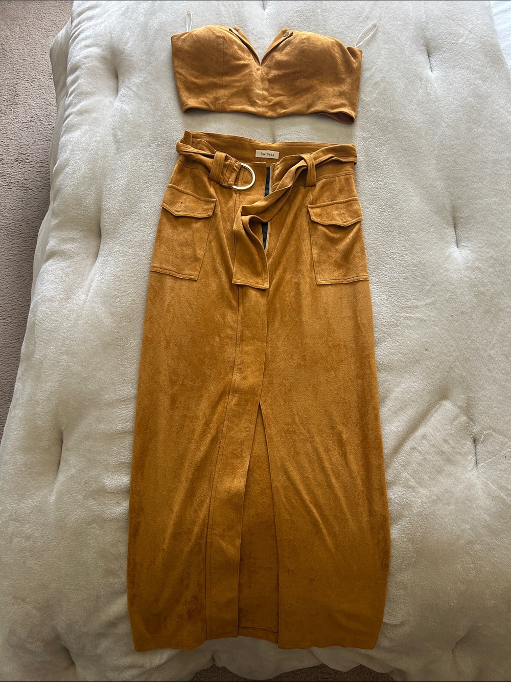 Faux Suede Belted Maxi Skirt set in Mustard
